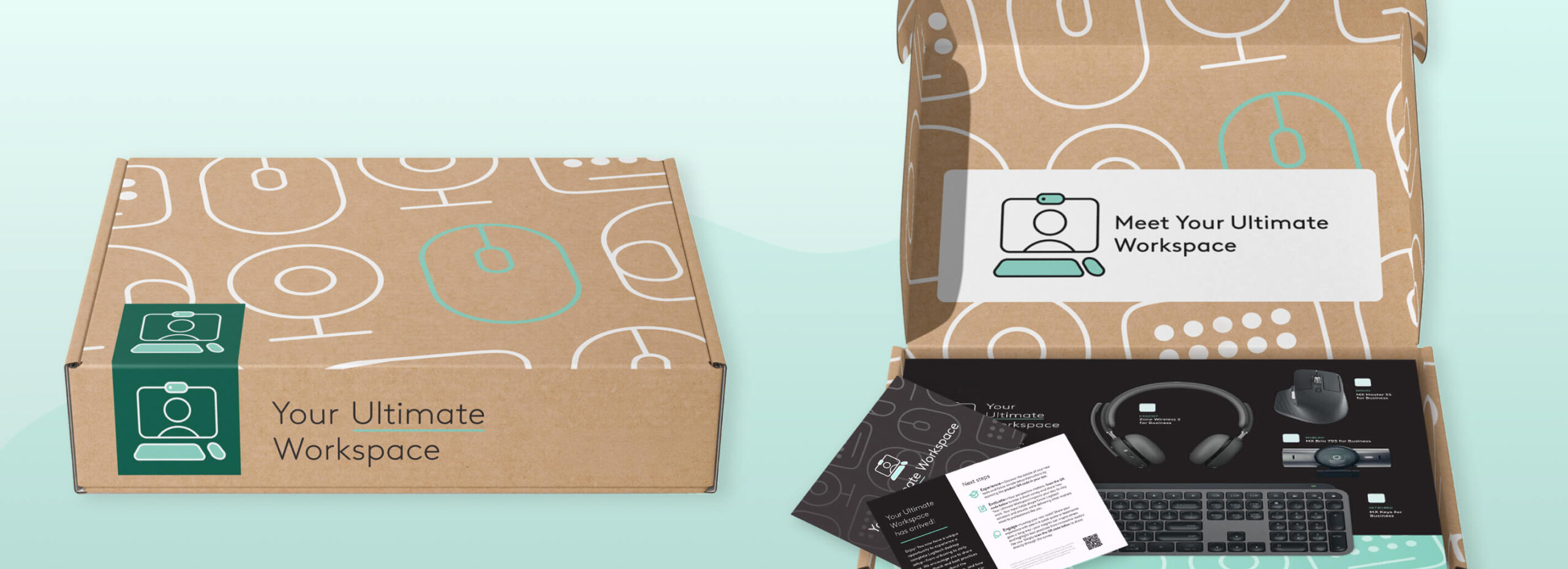 Images of custom designed shipping boxes, with a pattern of simple tech device icons. On the left the box is shown closed. On the right the box is shown open.