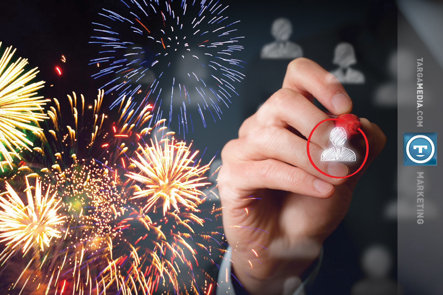 A hand circles an person-shaped icon, fireworks bloom on the other half of the picture