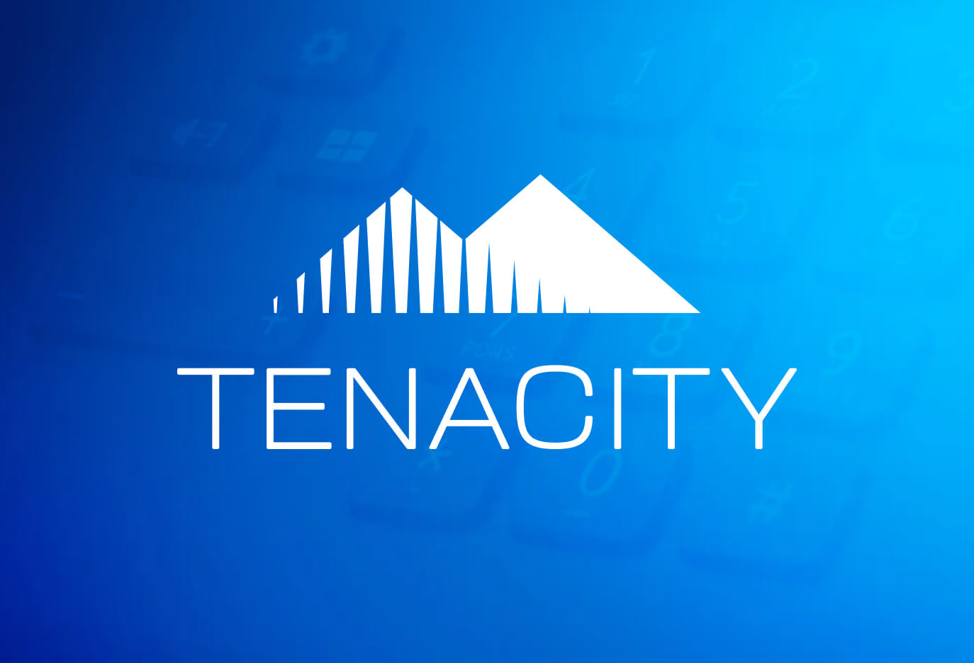 Tenacity logo on a blue gradient background with a telephone image overlay