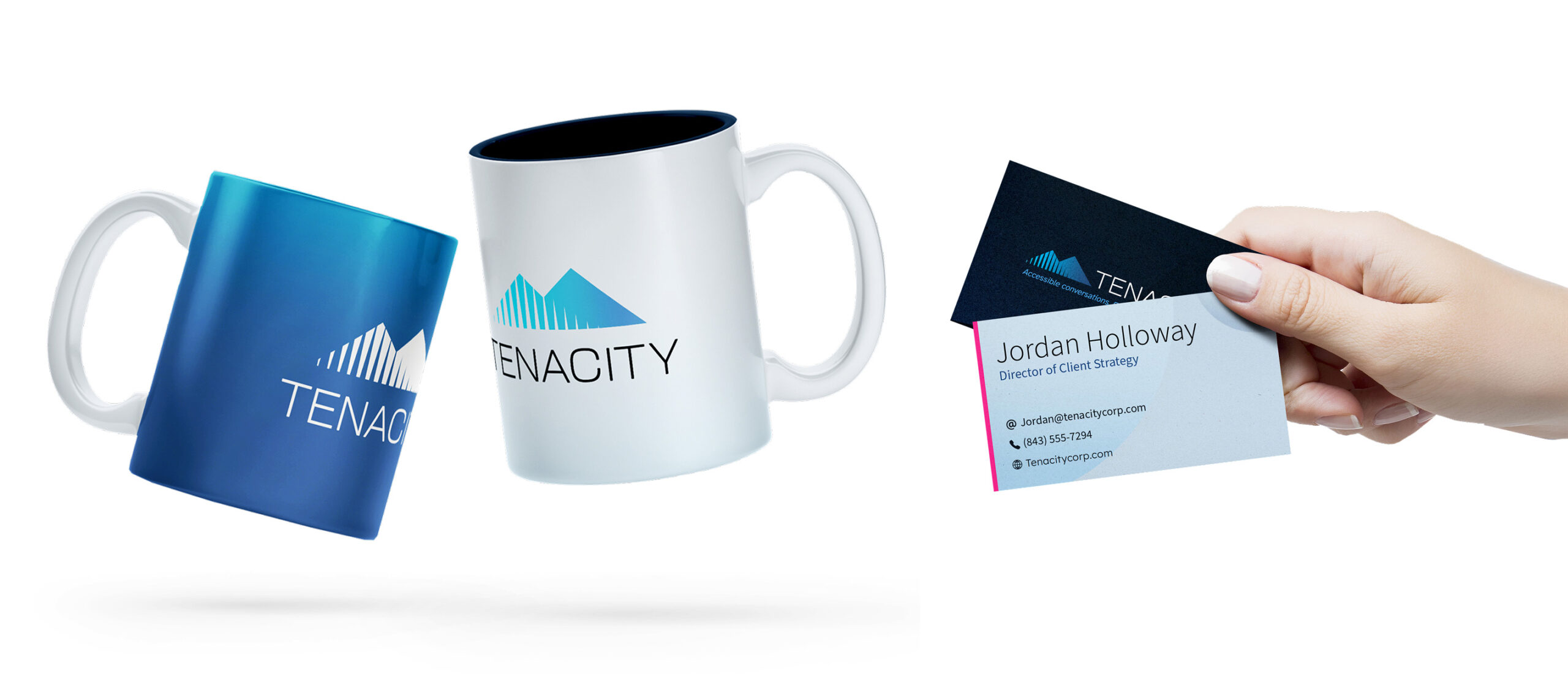 mockups of a hand holding business cards and custom branded mugs